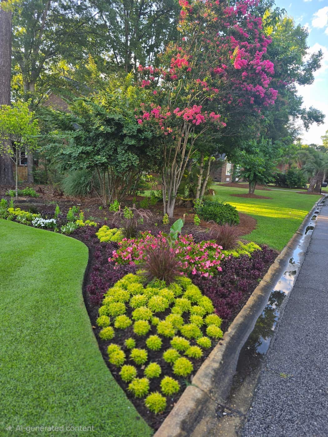 A pink crepe myrtle and chartreuse and burgundy color along the curved edge of the lawn